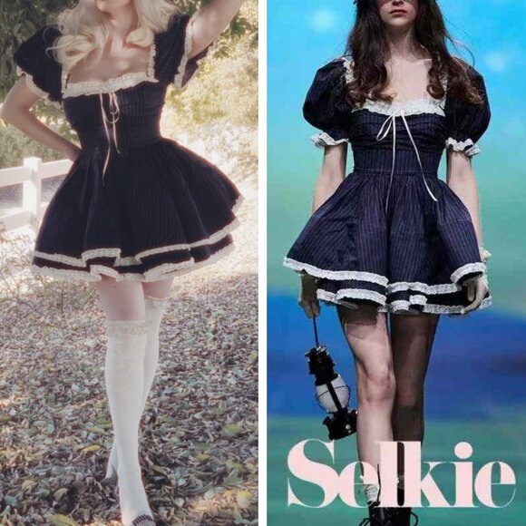 Selkie The Pinstripe Bonny Mini Dress Large Black White Lace Holiday - Picture 15 of 16